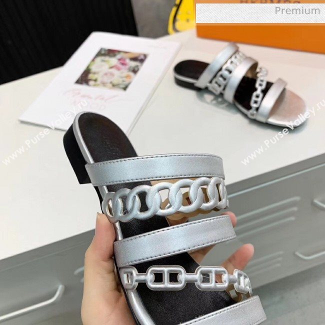 Hermes Leather &quot;Chaine dAncre&quot; Straps Slipper Sandal Silver 2020 (ME-20042050)