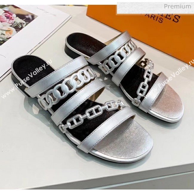 Hermes Leather &quot;Chaine dAncre&quot; Straps Slipper Sandal Silver 2020 (ME-20042050)