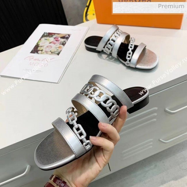 Hermes Leather &quot;Chaine dAncre&quot; Straps Slipper Sandal Silver 2020 (ME-20042050)