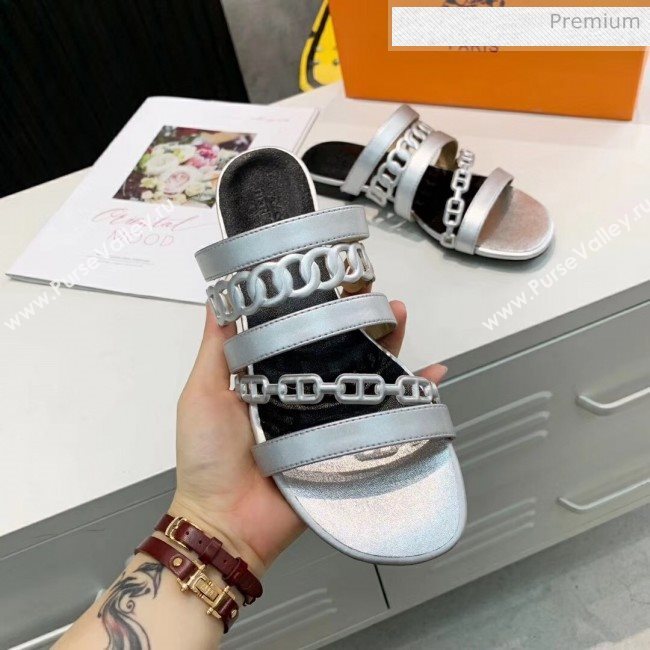 Hermes Leather &quot;Chaine dAncre&quot; Straps Slipper Sandal Silver 2020 (ME-20042050)