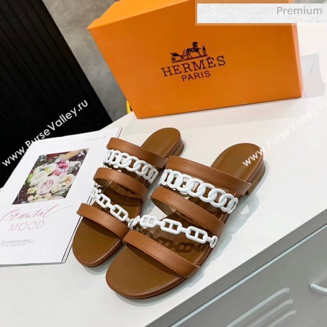 Hermes Leather &quot;Chaine dAncre&quot; Straps Slipper Sandal Brown/White 2020 (ME-20042055)