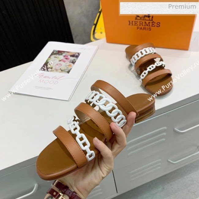 Hermes Leather &quot;Chaine dAncre&quot; Straps Slipper Sandal Brown/White 2020 (ME-20042055)