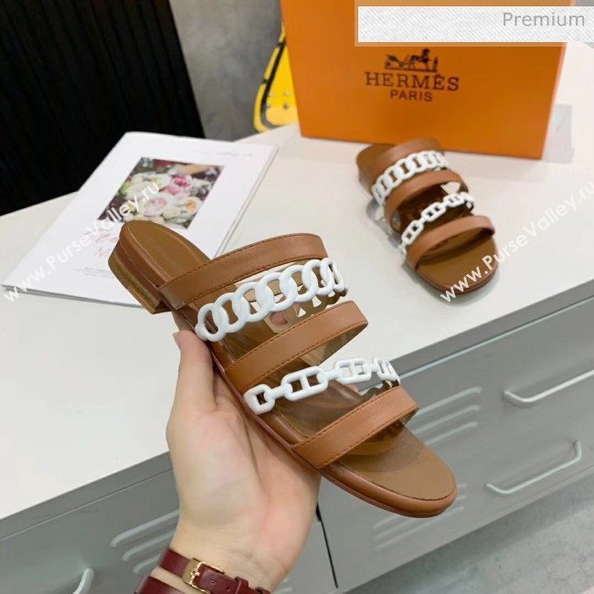 Hermes Leather &quot;Chaine dAncre&quot; Straps Slipper Sandal Brown/White 2020 (ME-20042055)