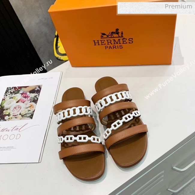 Hermes Leather &quot;Chaine dAncre&quot; Straps Slipper Sandal Brown/White 2020 (ME-20042055)