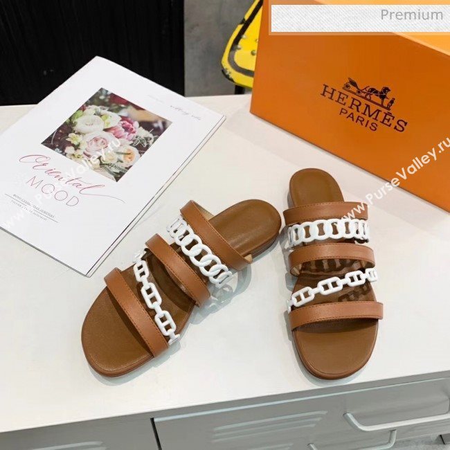 Hermes Leather &quot;Chaine dAncre&quot; Straps Slipper Sandal Brown/White 2020 (ME-20042055)