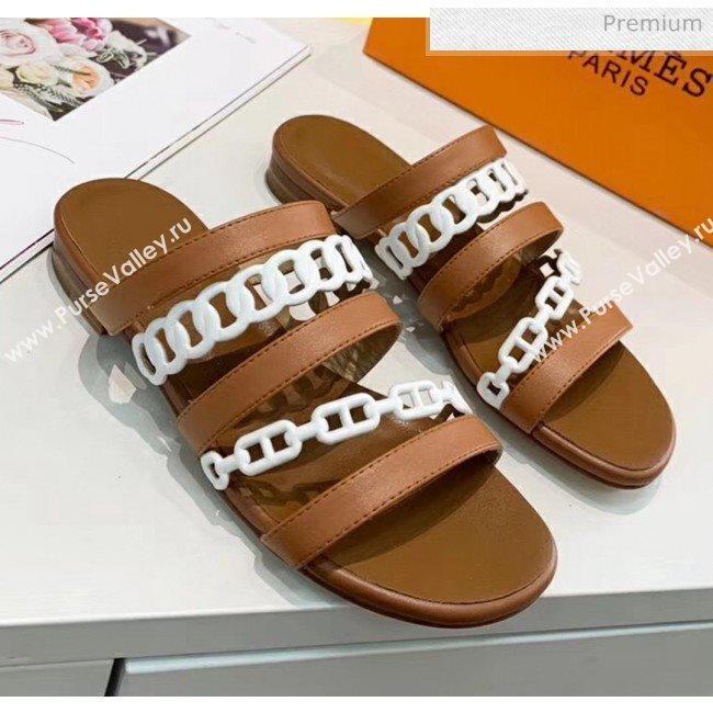 Hermes Leather &quot;Chaine dAncre&quot; Straps Slipper Sandal Brown/White 2020 (ME-20042055)