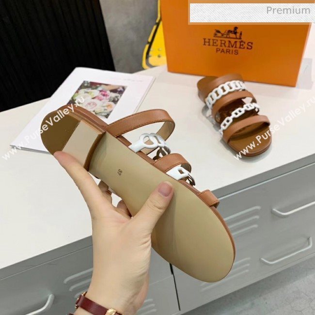 Hermes Leather &quot;Chaine dAncre&quot; Straps Slipper Sandal Brown/White 2020 (ME-20042055)