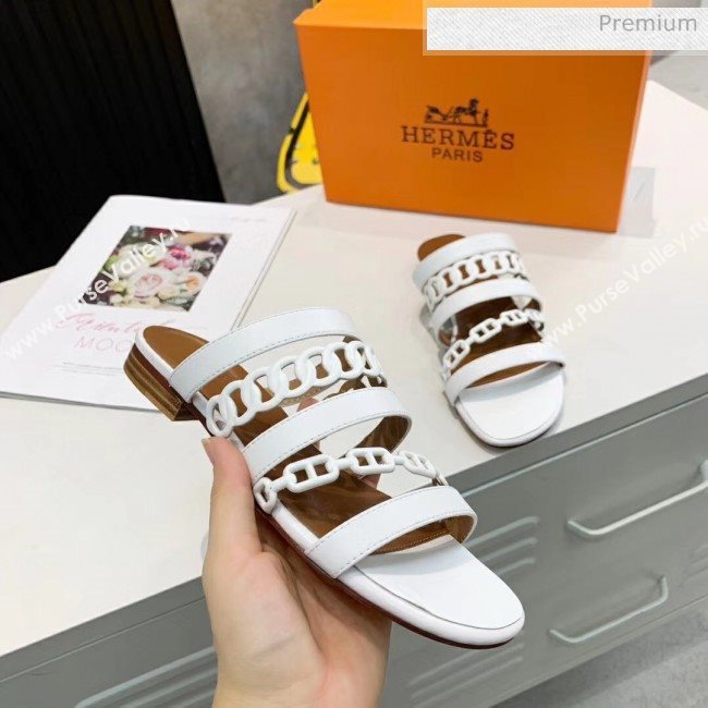 Hermes Leather &quot;Chaine dAncre&quot; Straps Slipper Sandal White 2020 (ME-20042053)