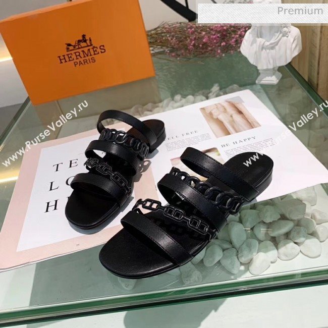 Hermes Leather &quot;Chaine dAncre&quot; Straps Slipper Sandal Black 2020 (ME-20042054)