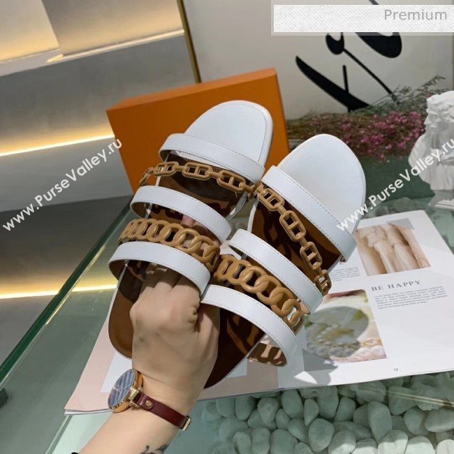 Hermes Leather &quot;Chaine dAncre&quot; Straps Slipper Sandal White/Brown 2020 (ME-20042056)