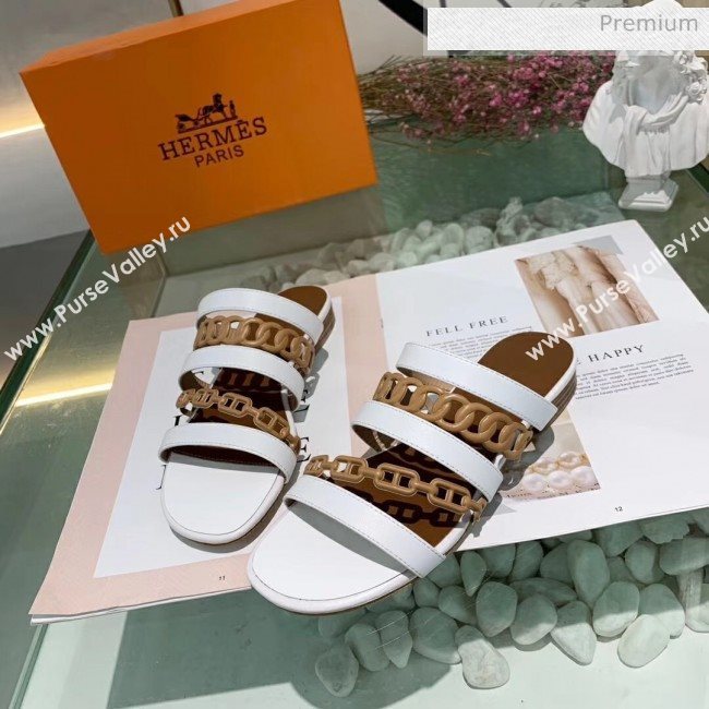 Hermes Leather &quot;Chaine dAncre&quot; Straps Slipper Sandal White/Brown 2020 (ME-20042056)