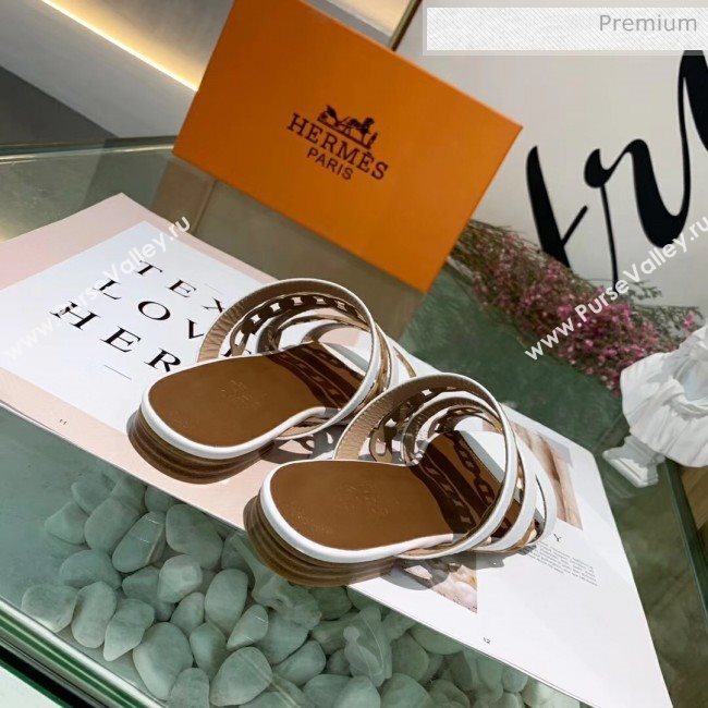 Hermes Leather &quot;Chaine dAncre&quot; Straps Slipper Sandal White/Brown 2020 (ME-20042056)