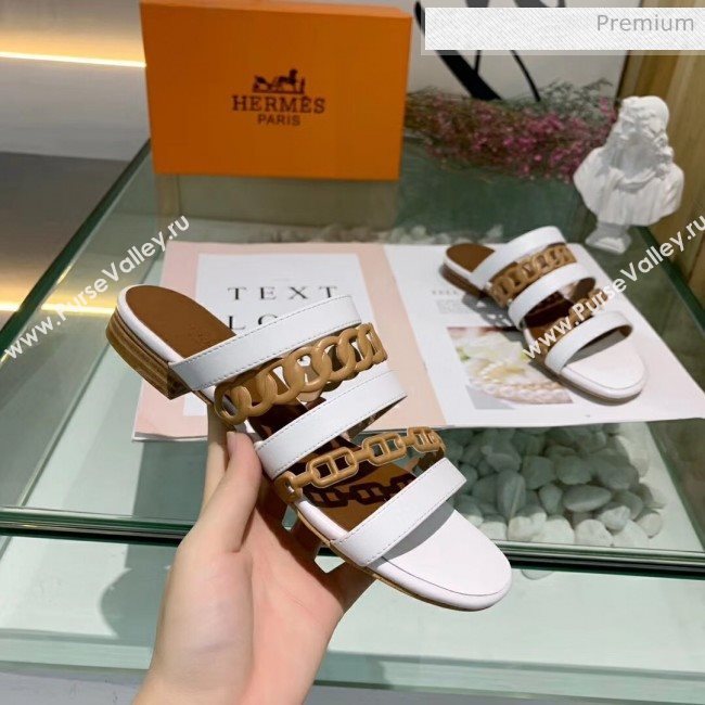 Hermes Leather &quot;Chaine dAncre&quot; Straps Slipper Sandal White/Brown 2020 (ME-20042056)