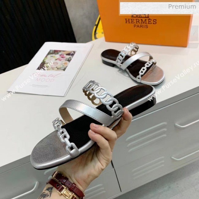 Hermes Leather &quot;Chaine dAncre&quot; Straps Ajaccio Slipper Sandal Silver 2020 (ME-20042058)