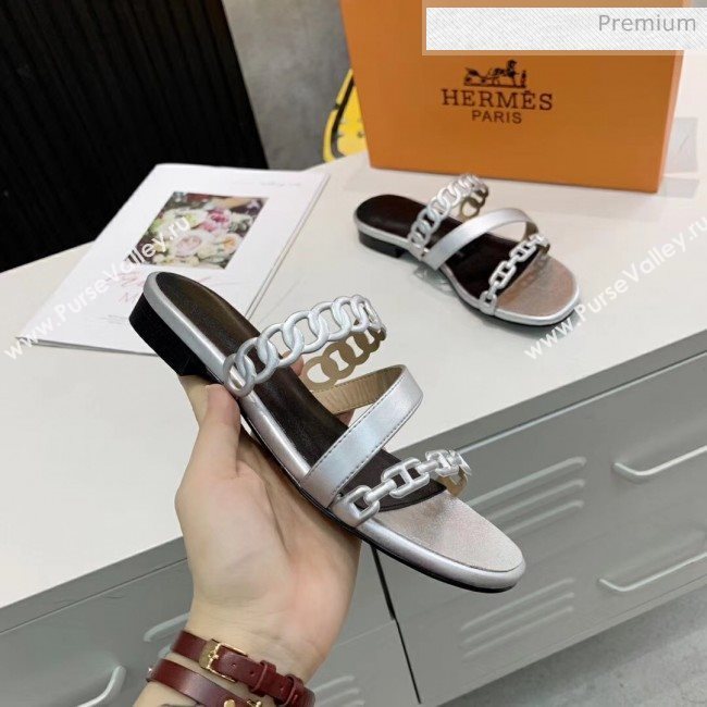 Hermes Leather &quot;Chaine dAncre&quot; Straps Ajaccio Slipper Sandal Silver 2020 (ME-20042058)