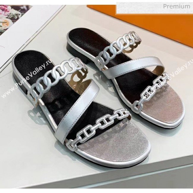 Hermes Leather &quot;Chaine dAncre&quot; Straps Ajaccio Slipper Sandal Silver 2020 (ME-20042058)