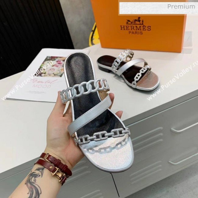 Hermes Leather &quot;Chaine dAncre&quot; Straps Ajaccio Slipper Sandal Silver 2020 (ME-20042058)