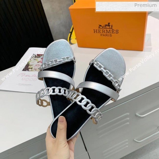 Hermes Leather &quot;Chaine dAncre&quot; Straps Ajaccio Slipper Sandal Silver 2020 (ME-20042058)