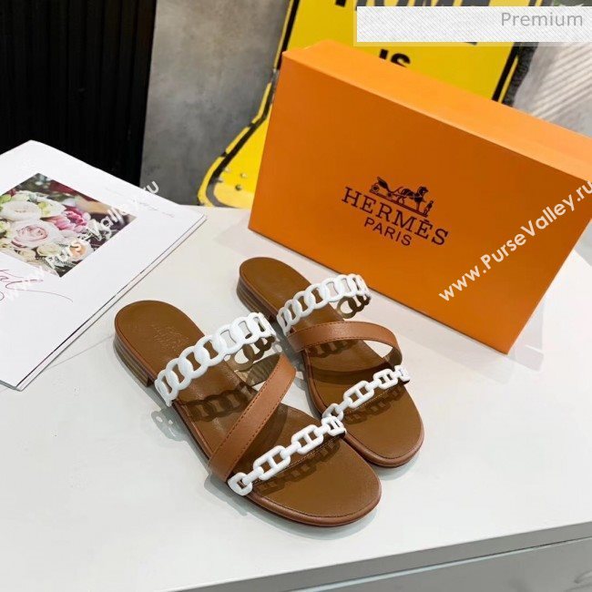 Hermes Leather &quot;Chaine dAncre&quot; Straps Ajaccio Slipper Sandal Brown/White 2020 (ME-20042059)