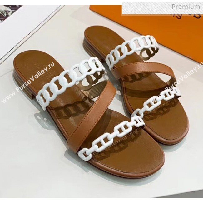 Hermes Leather &quot;Chaine dAncre&quot; Straps Ajaccio Slipper Sandal Brown/White 2020 (ME-20042059)