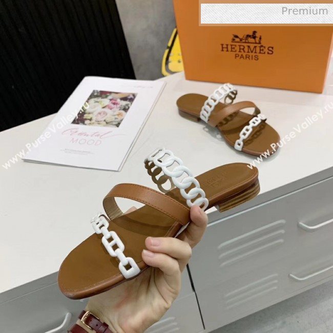 Hermes Leather &quot;Chaine dAncre&quot; Straps Ajaccio Slipper Sandal Brown/White 2020 (ME-20042059)