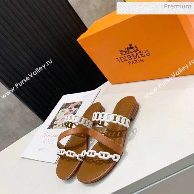 Hermes Leather &quot;Chaine dAncre&quot; Straps Ajaccio Slipper Sandal Brown/White 2020 (ME-20042059)