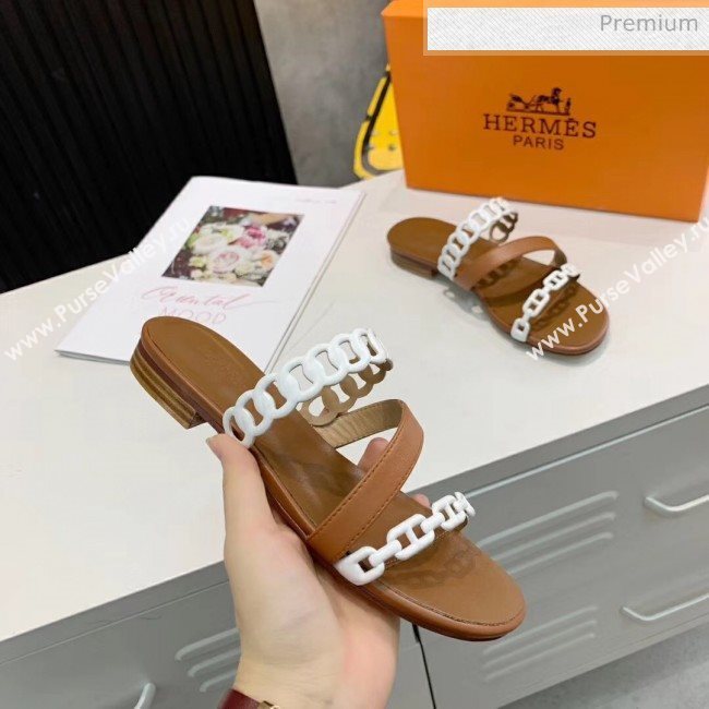 Hermes Leather &quot;Chaine dAncre&quot; Straps Ajaccio Slipper Sandal Brown/White 2020 (ME-20042059)