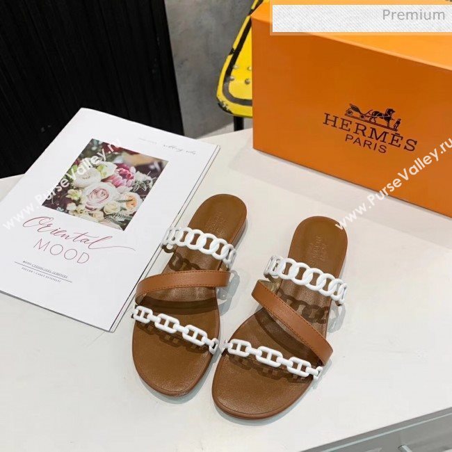 Hermes Leather &quot;Chaine dAncre&quot; Straps Ajaccio Slipper Sandal Brown/White 2020 (ME-20042059)