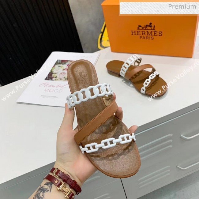 Hermes Leather &quot;Chaine dAncre&quot; Straps Ajaccio Slipper Sandal Brown/White 2020 (ME-20042059)