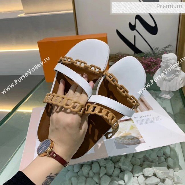 Hermes Leather &quot;Chaine dAncre&quot; Straps Ajaccio Slipper Sandal White/Brown 2020 (ME-20042060)