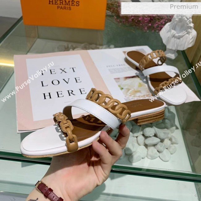 Hermes Leather &quot;Chaine dAncre&quot; Straps Ajaccio Slipper Sandal White/Brown 2020 (ME-20042060)