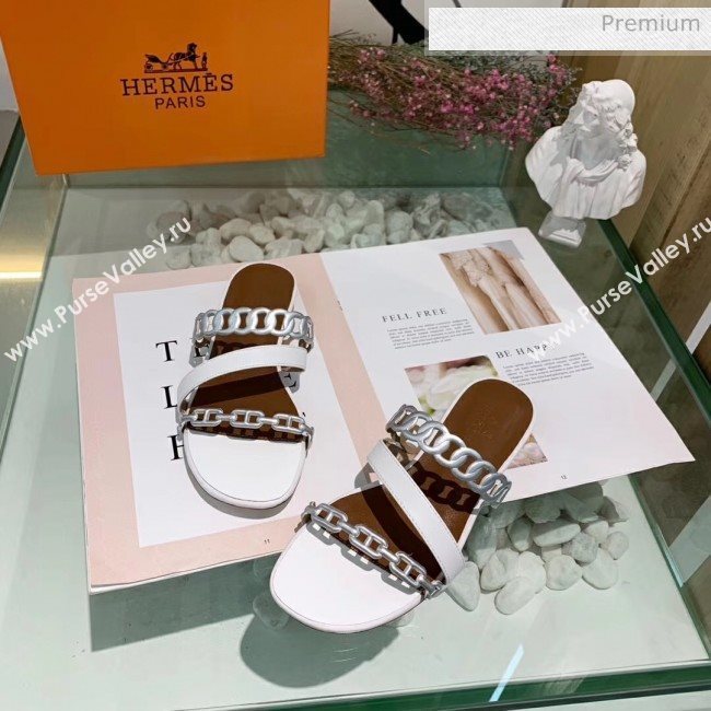 Hermes Leather &quot;Chaine dAncre&quot; Straps Ajaccio Slipper Sandal White/Silver 2020 (ME-20042061)