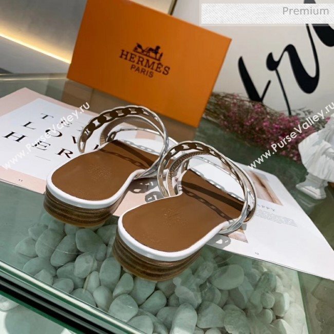 Hermes Leather &quot;Chaine dAncre&quot; Straps Ajaccio Slipper Sandal White/Silver 2020 (ME-20042061)