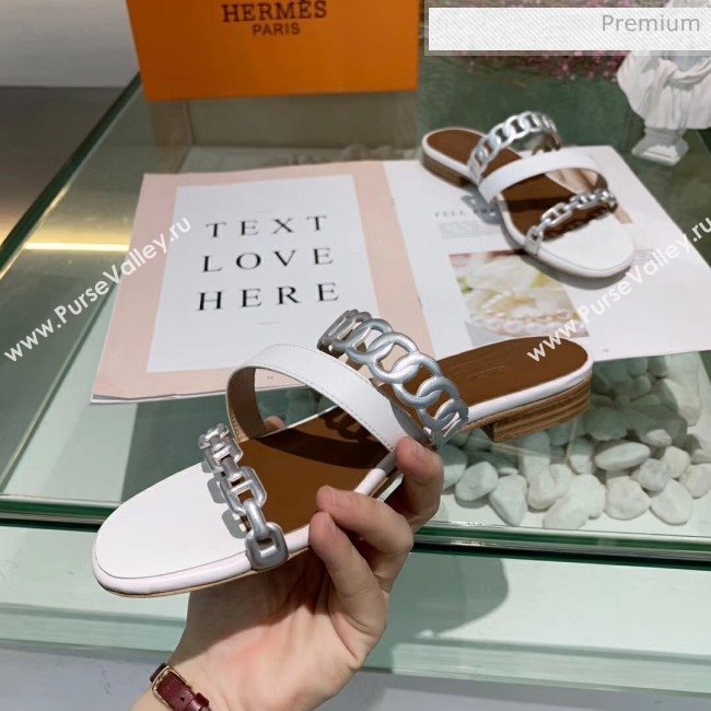 Hermes Leather &quot;Chaine dAncre&quot; Straps Ajaccio Slipper Sandal White/Silver 2020 (ME-20042061)