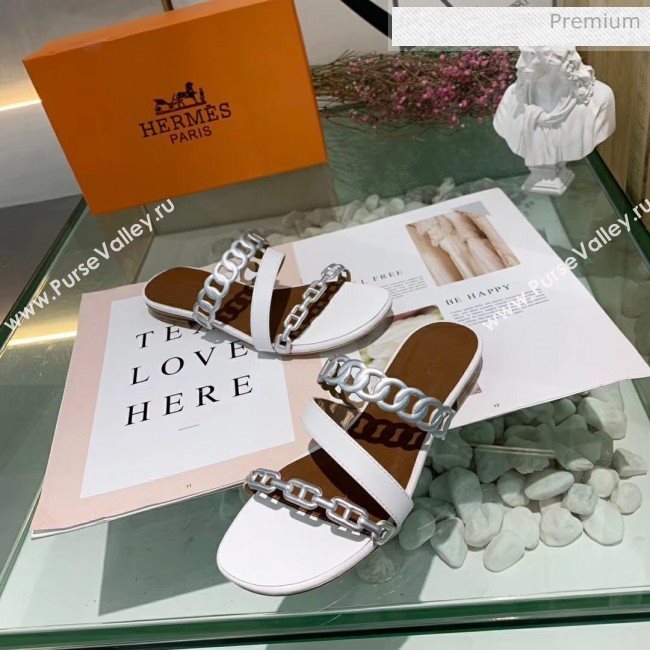 Hermes Leather &quot;Chaine dAncre&quot; Straps Ajaccio Slipper Sandal White/Silver 2020 (ME-20042061)