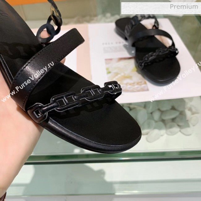 Hermes Leather &quot;Chaine dAncre&quot; Straps Ajaccio Slipper Sandal Black 2020 (ME-20042062)