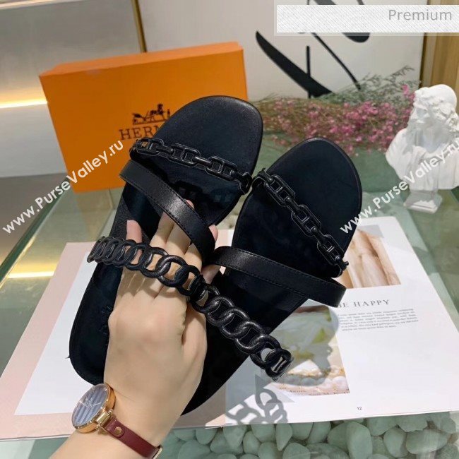 Hermes Leather &quot;Chaine dAncre&quot; Straps Ajaccio Slipper Sandal Black 2020 (ME-20042062)