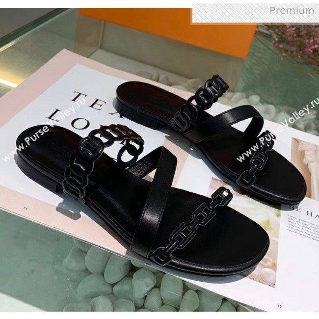 Hermes Leather &quot;Chaine dAncre&quot; Straps Ajaccio Slipper Sandal Black 2020 (ME-20042062)