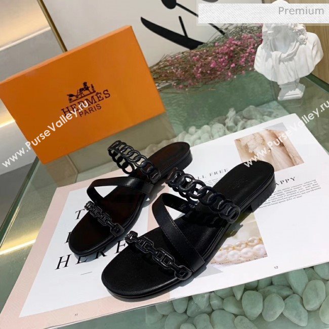 Hermes Leather &quot;Chaine dAncre&quot; Straps Ajaccio Slipper Sandal Black 2020 (ME-20042062)