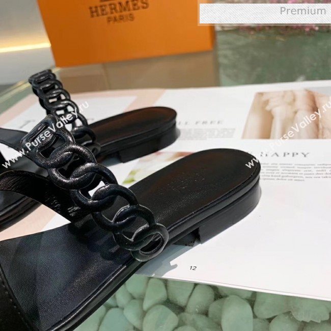 Hermes Leather &quot;Chaine dAncre&quot; Straps Ajaccio Slipper Sandal Black 2020 (ME-20042062)