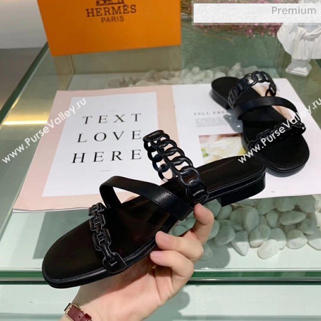 Hermes Leather &quot;Chaine dAncre&quot; Straps Ajaccio Slipper Sandal Black 2020 (ME-20042062)