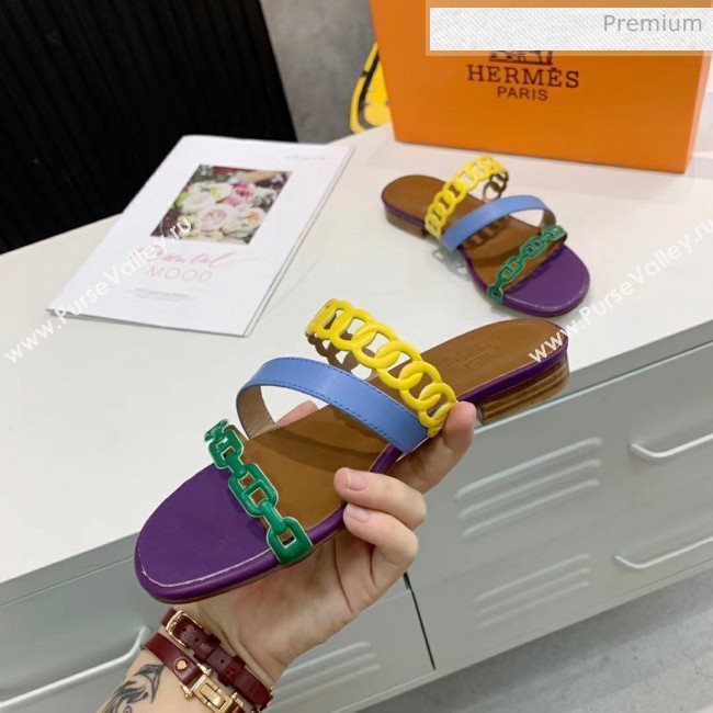 Hermes Leather &quot;Chaine dAncre&quot; Straps Ajaccio Slipper Sandal Purple/Blue/Yellow 2020 (ME-20042063)