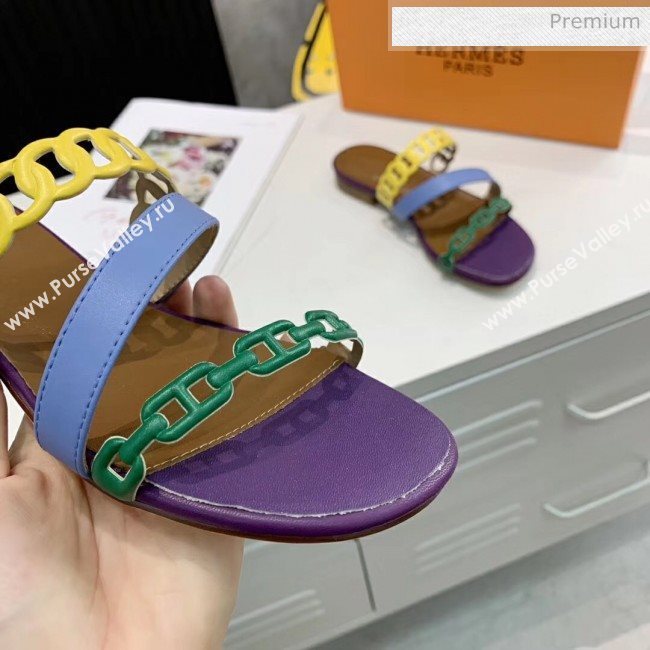 Hermes Leather &quot;Chaine dAncre&quot; Straps Ajaccio Slipper Sandal Purple/Blue/Yellow 2020 (ME-20042063)