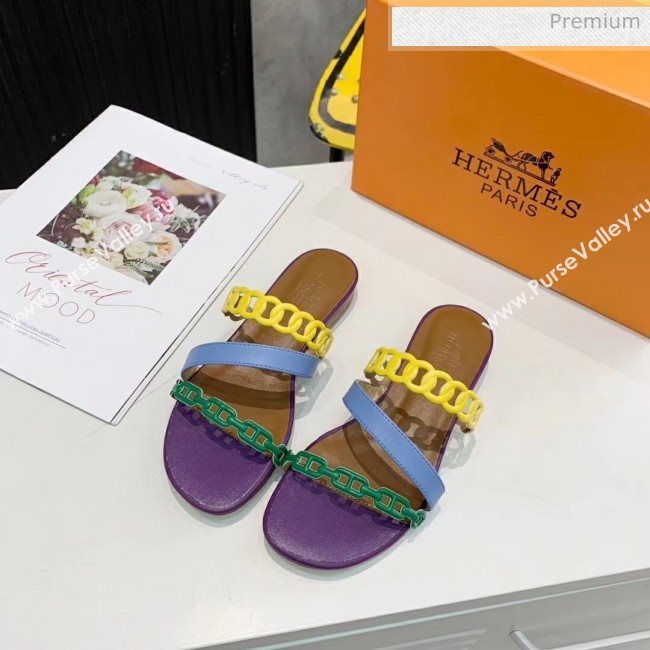 Hermes Leather &quot;Chaine dAncre&quot; Straps Ajaccio Slipper Sandal Purple/Blue/Yellow 2020 (ME-20042063)