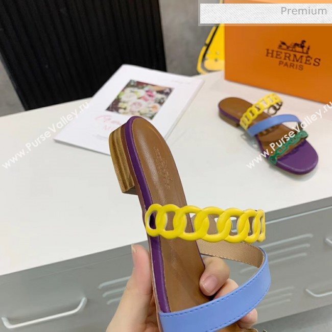 Hermes Leather &quot;Chaine dAncre&quot; Straps Ajaccio Slipper Sandal Purple/Blue/Yellow 2020 (ME-20042063)