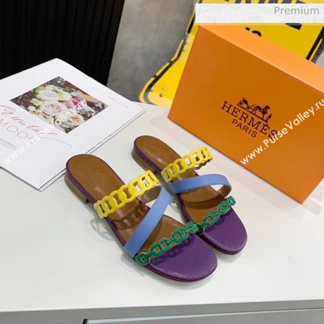 Hermes Leather &quot;Chaine dAncre&quot; Straps Ajaccio Slipper Sandal Purple/Blue/Yellow 2020 (ME-20042063)