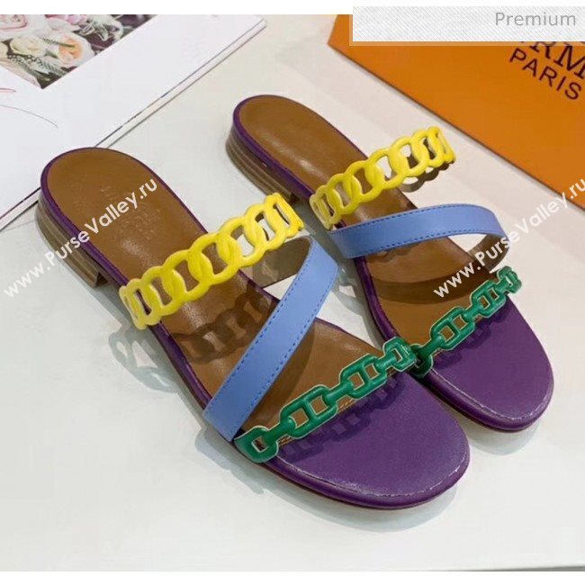 Hermes Leather &quot;Chaine dAncre&quot; Straps Ajaccio Slipper Sandal Purple/Blue/Yellow 2020 (ME-20042063)