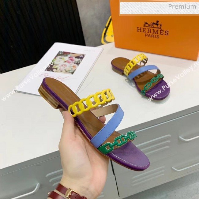 Hermes Leather &quot;Chaine dAncre&quot; Straps Ajaccio Slipper Sandal Purple/Blue/Yellow 2020 (ME-20042063)