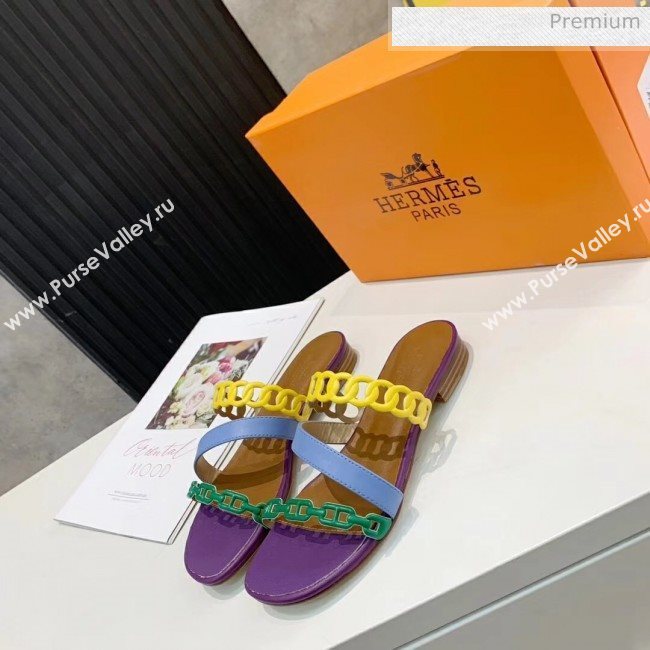 Hermes Leather &quot;Chaine dAncre&quot; Straps Ajaccio Slipper Sandal Purple/Blue/Yellow 2020 (ME-20042063)