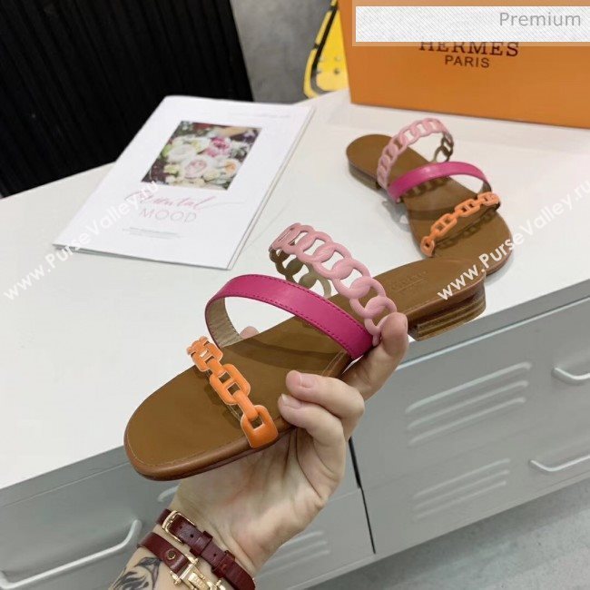 Hermes Leather &quot;Chaine dAncre&quot; Straps Ajaccio Slipper Sandal Rosy/Pink/Orange 2020 (ME-20042064)